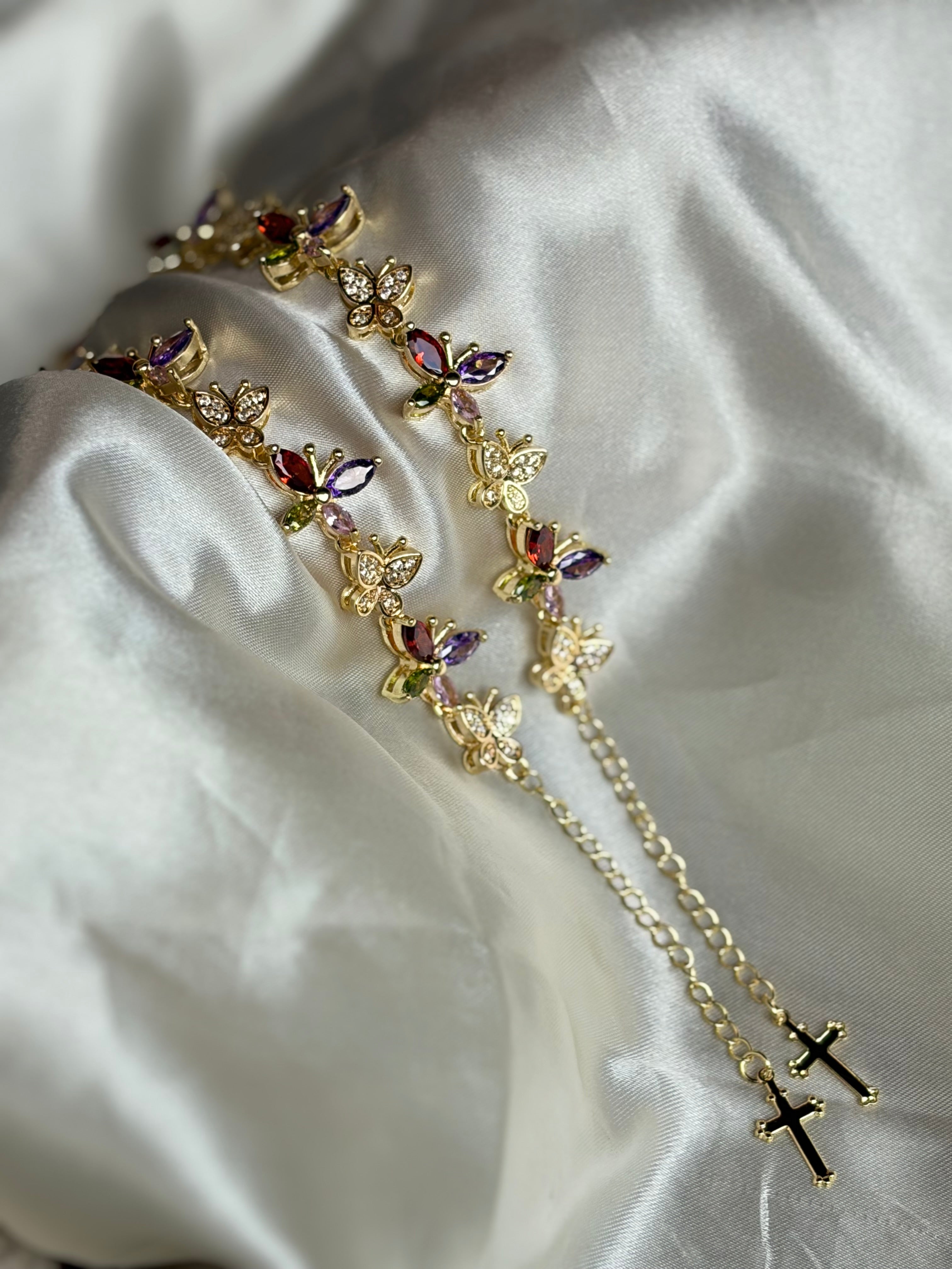 🦋 Βραχιόλι Πεταλούδες με ζιργκόν & Σταυρό