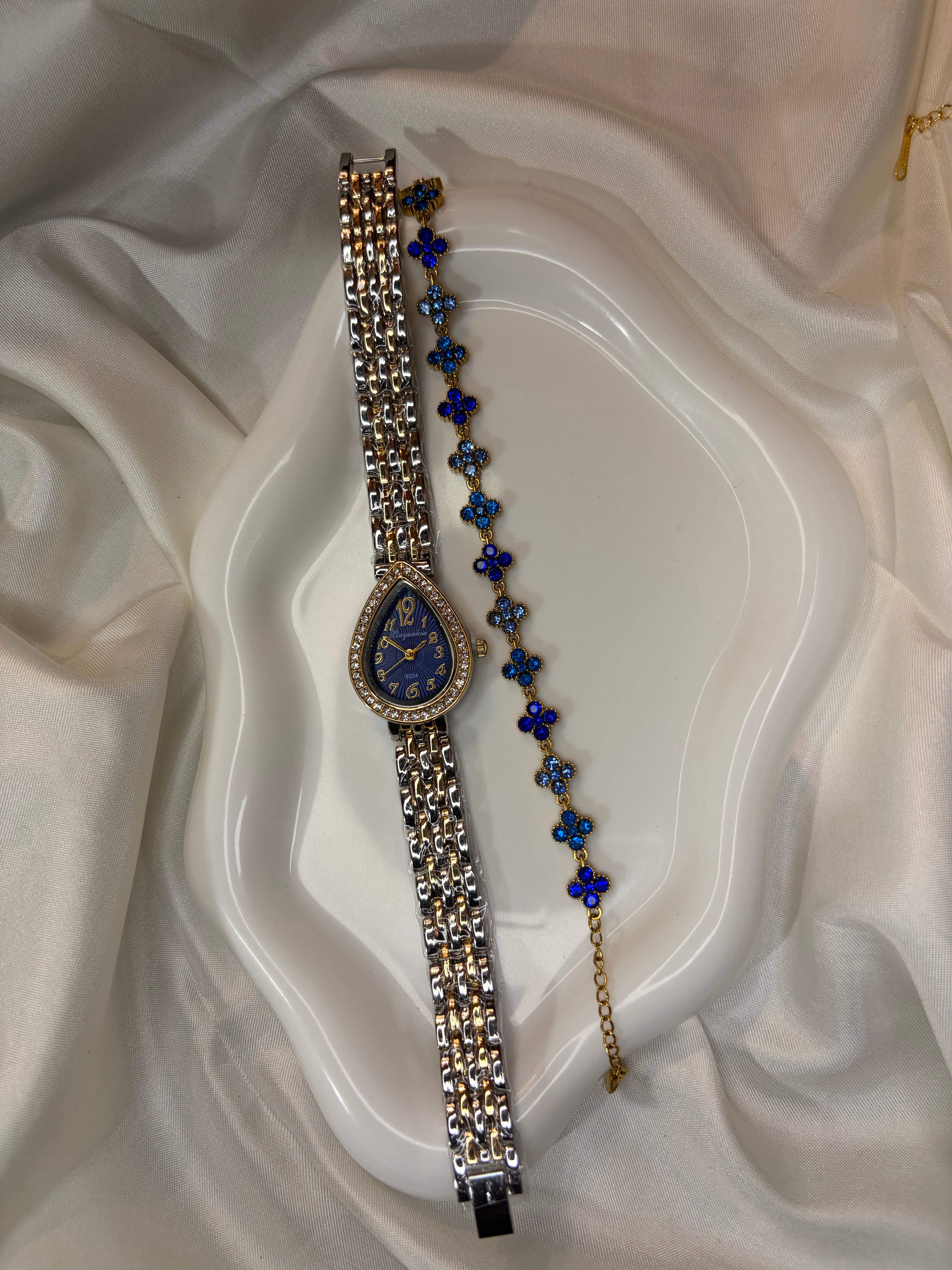 Γυναικείο Ρολόι Σταγόνα με ζιργκόν & Δίχρωμη Αλυσίδα