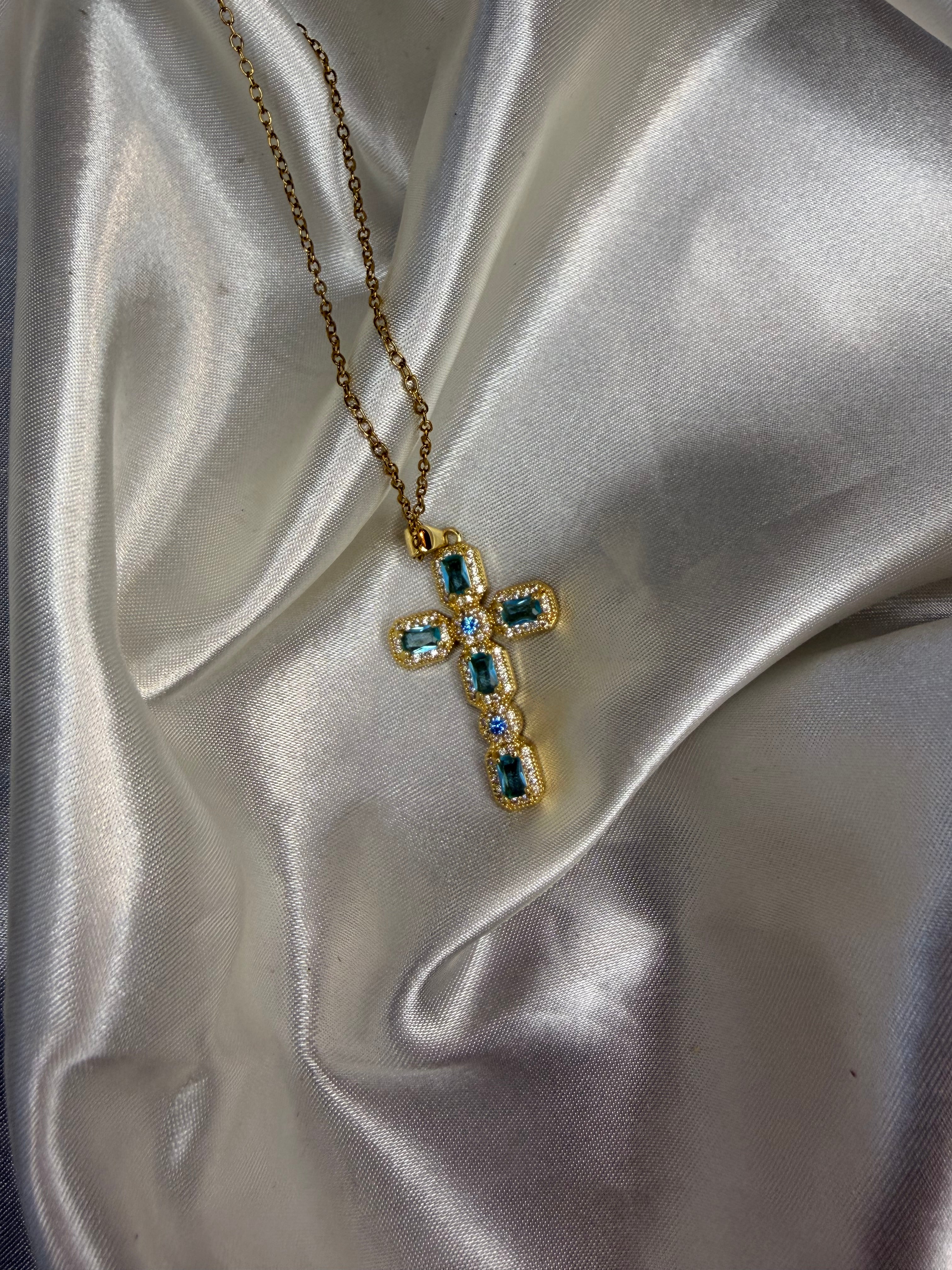 Ατσάλινος Σταυρός με Γαλάζιες Ζιργκόν Πέτρες