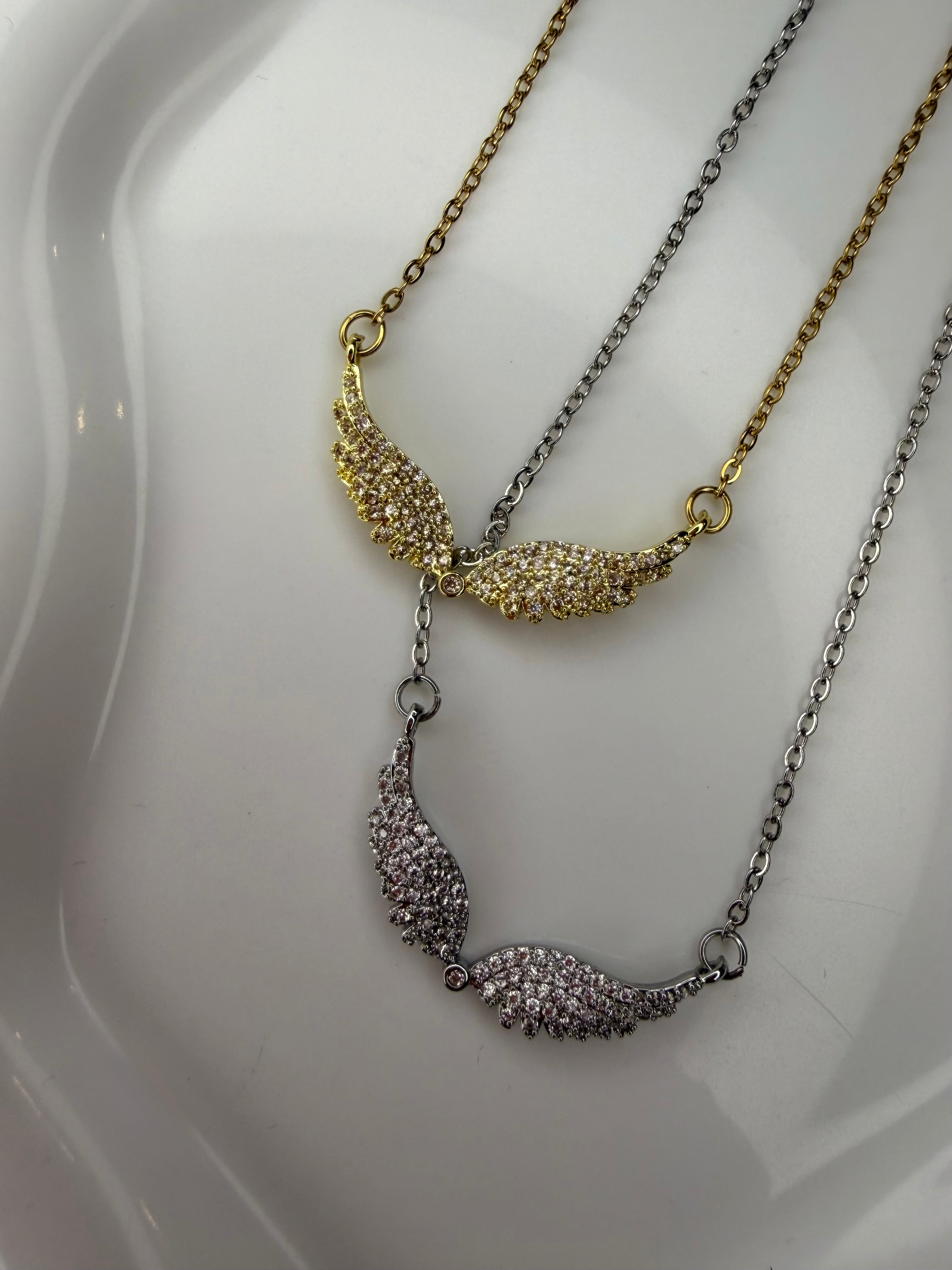 Ατσάλινο Κολιέ Φτερά Αγγέλου με Πέτρες Ζιργκόν